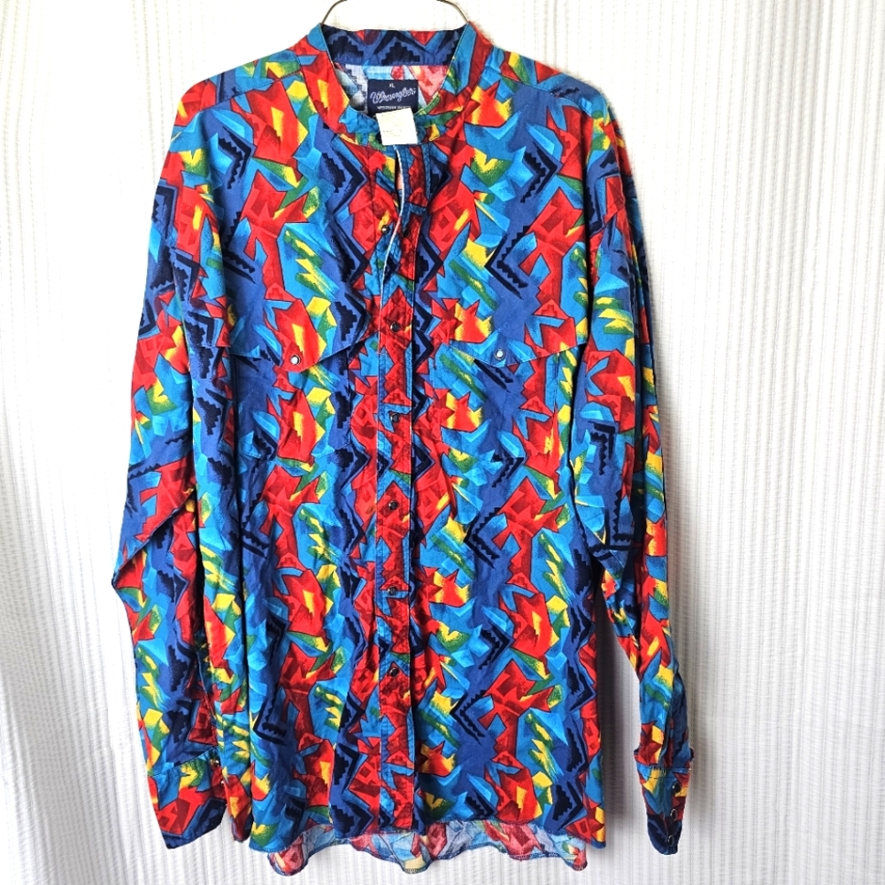 WRANGLER VTG 90s XL Western Bright Colorful Cotton Shirt DS Pearl Snaps Retro‎